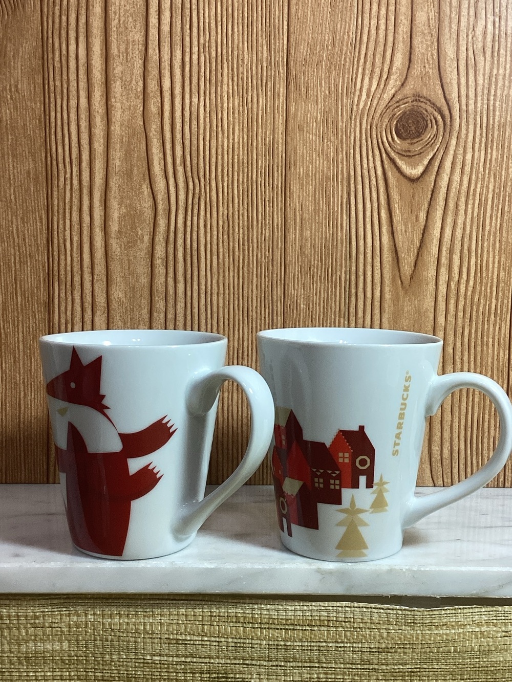 Starbucks White Mugs with Red Fox & Village Artwork